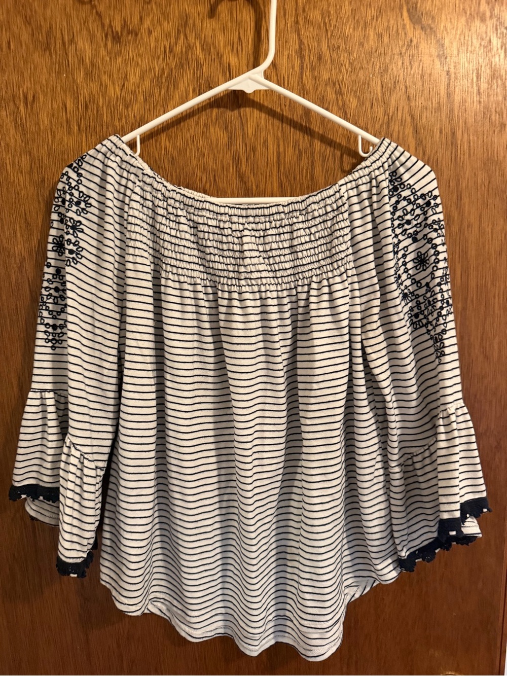 Maurices Navy and White Off-Shoulder Striped Tunic with Embroidered Sleeves